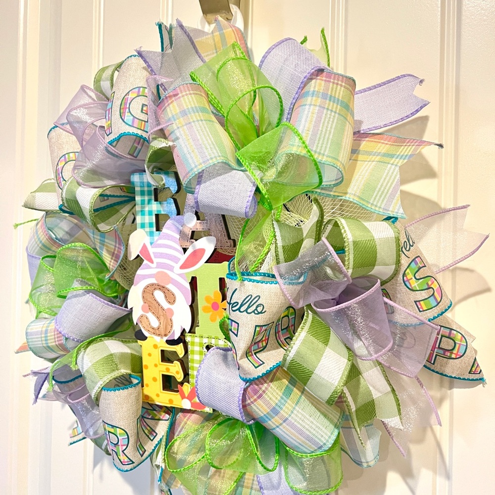 13” Ribbon Wreath "EASTER " Gnome Sign Hello Spring Handmade MW7 - Picture 8 of 11